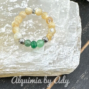 White agate untreated emerald beaded gem ring